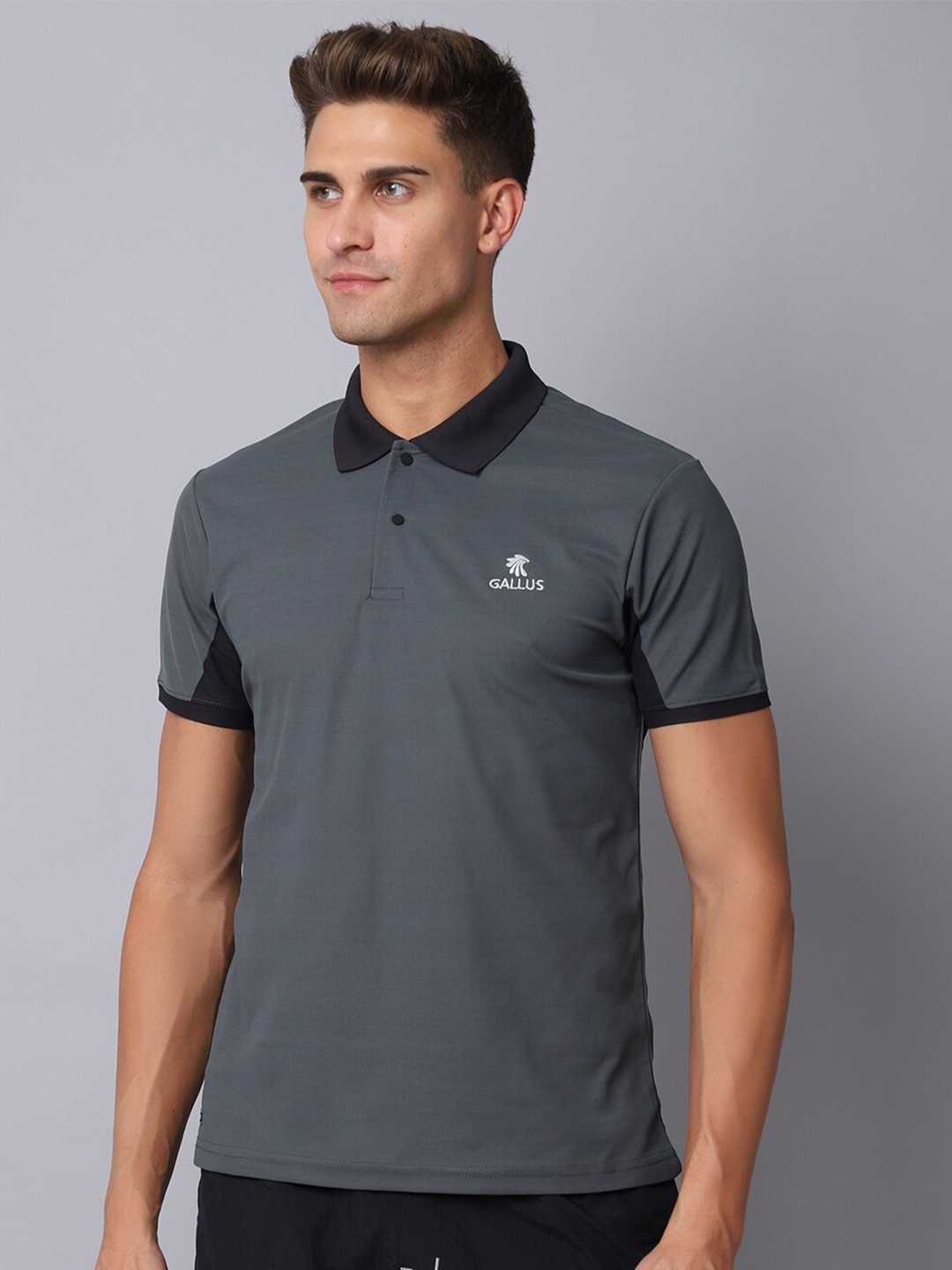 

Gallus Men Grey Polo Collar Dri-FIT Slim Fit T-shirt