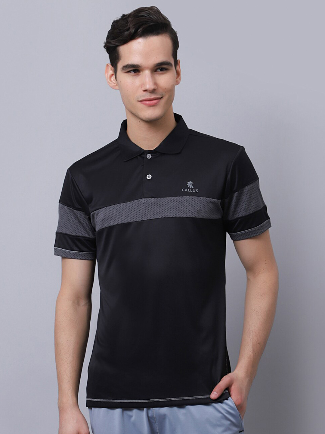 

Gallus Men Black Striped Polo Collar Dri-FIT Slim Fit T-shirt