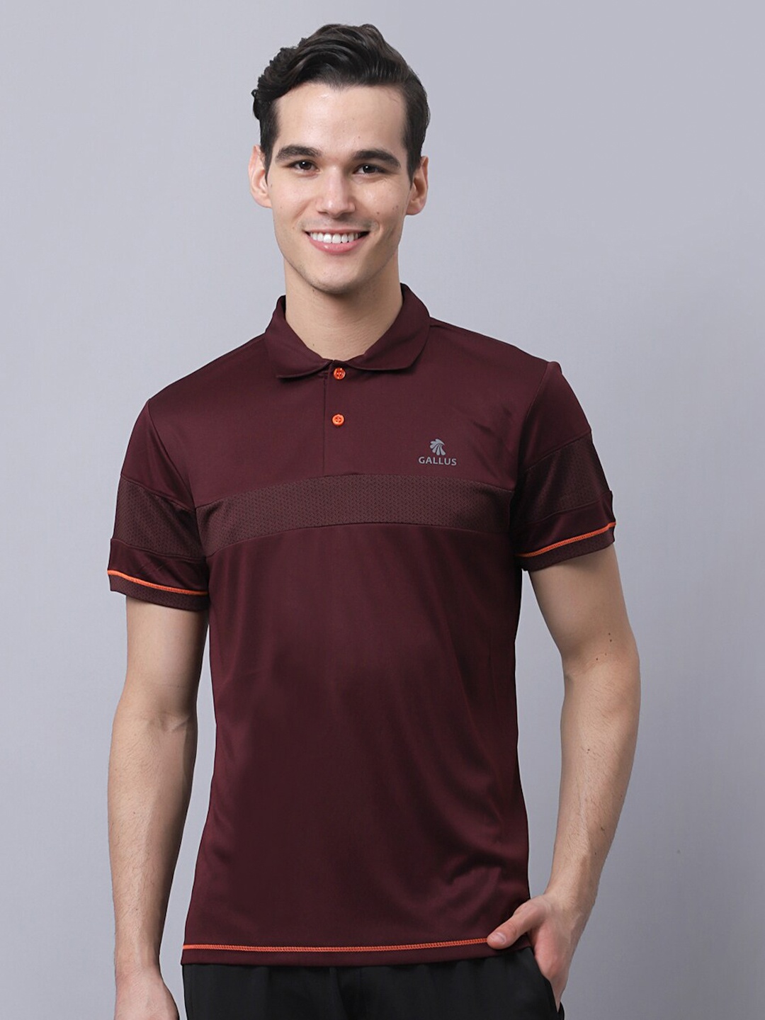 

Gallus Men Maroon & Orange Striped Polo Collar Dri-FIT Slim Fit T-shirt