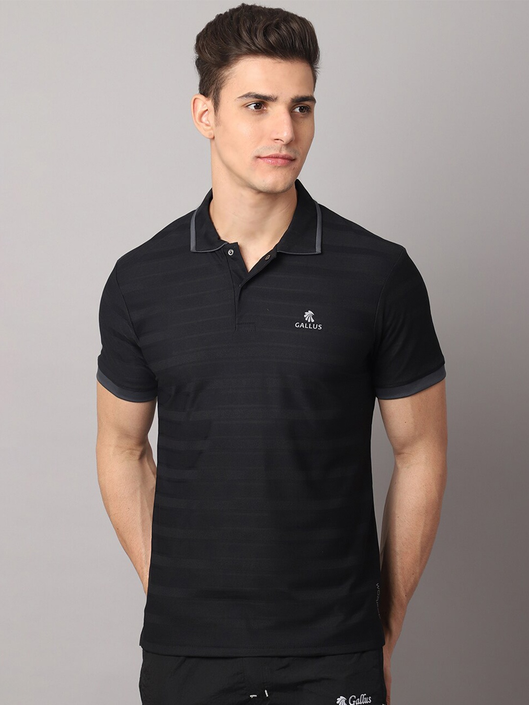 

Gallus Men Black Striped Polo Collar Dri-FIT Slim Fit T-shirt