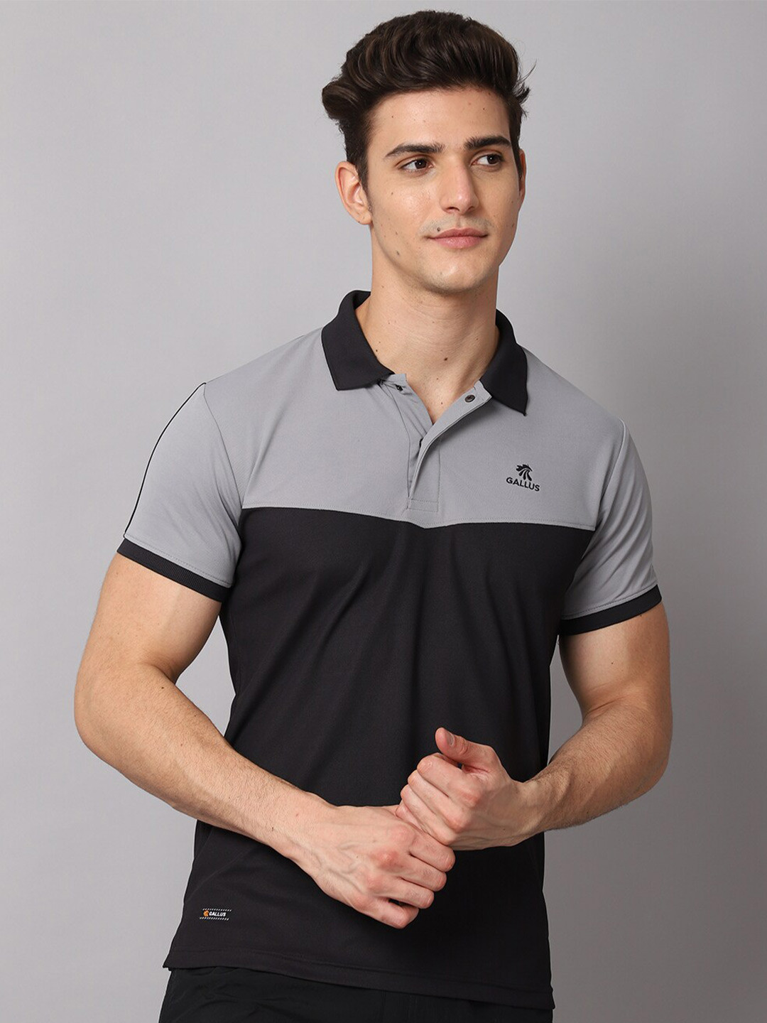 

Gallus Men Navy Blue & Grey Colourblocked Polo Collar Dri-FIT Slim Fit T-shirt