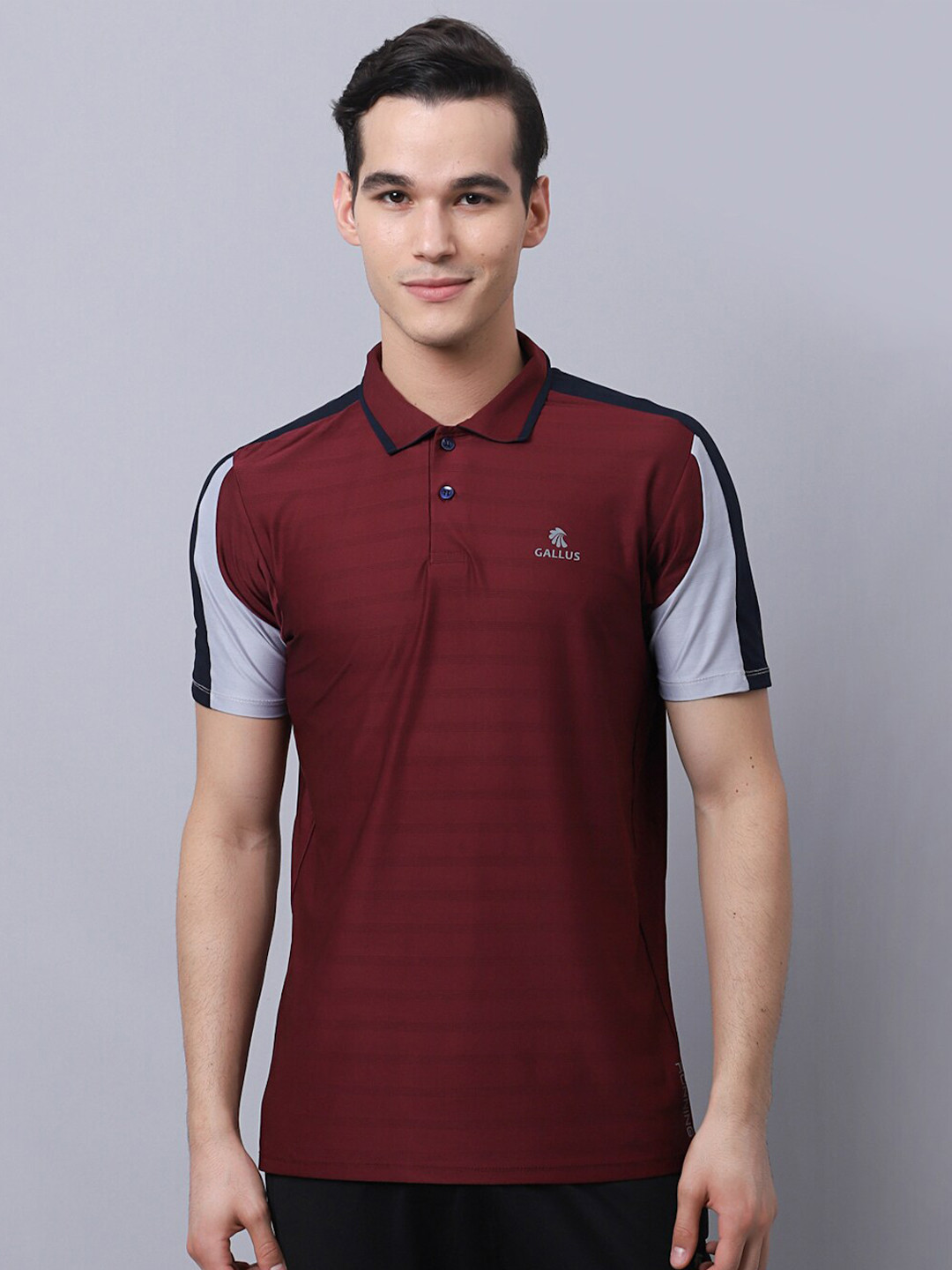 

Gallus Men Maroon & Grey Colourblocked Polo Collar T-shirt