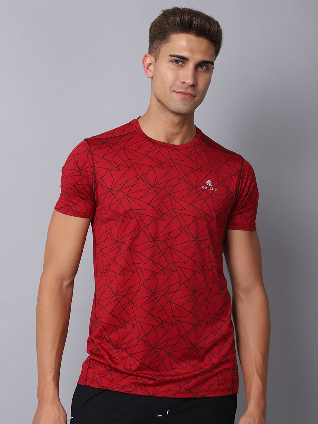 

Gallus Men Red & Black Printed Dri-FIT Slim Fit T-shirt