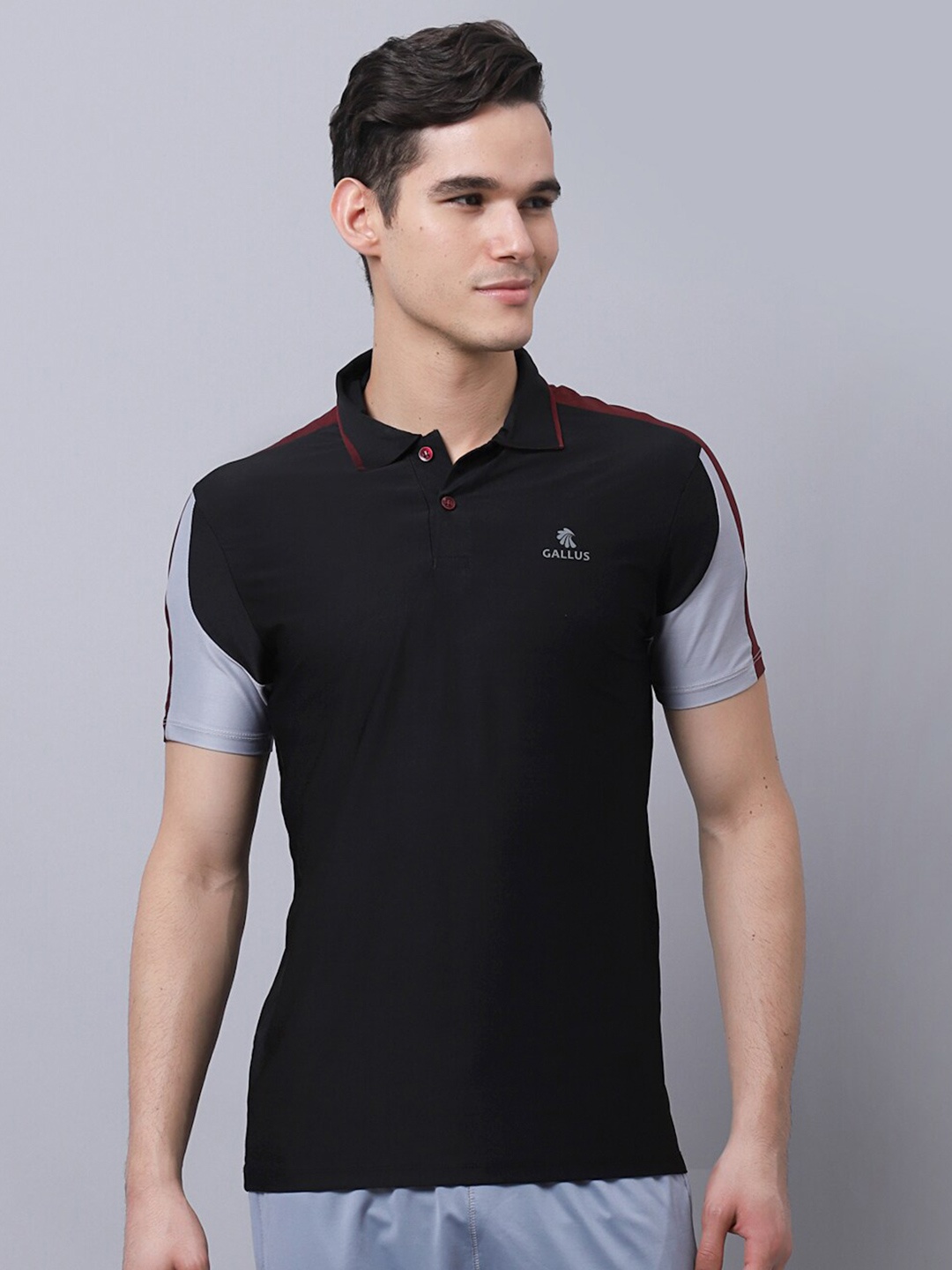 

Gallus Men Black & Grey Polo Collar Dri-FIT Slim Fit T-shirt