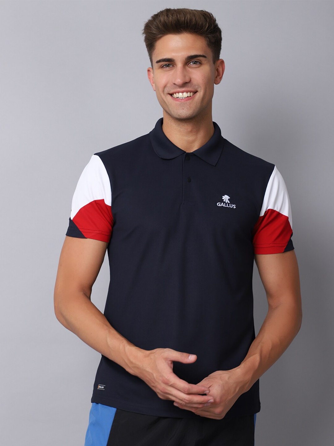 

Gallus Men Navy Blue Polo Collar Dri-FIT Slim Fit T-shirt