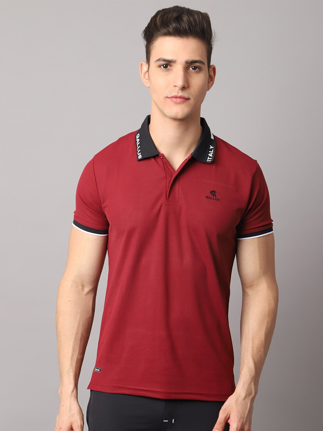 

Gallus Men Maroon & Black Polo Collar Dri-FIT Slim Fit T-shirt