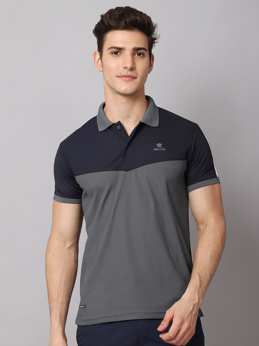 

Gallus Men Grey & Black Colourblocked Polo Collar Dri-FIT T-shirt, Grey melange