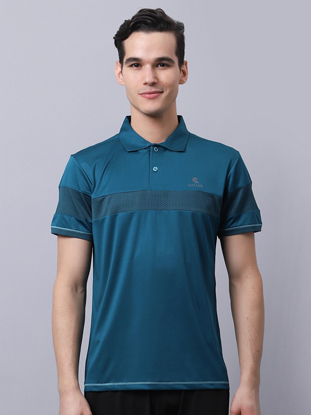 

Gallus Men Blue Polo Collar Dri-FIT Applique Slim Fit T-shirt