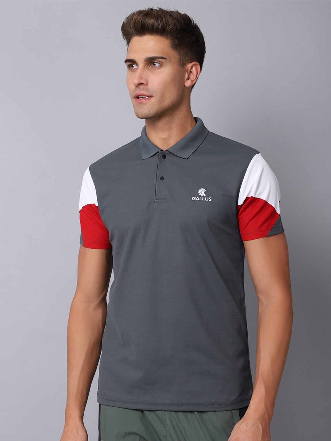 

Gallus Men Grey Melange Polo Collar Dri-FIT Slim Fit T-shirt