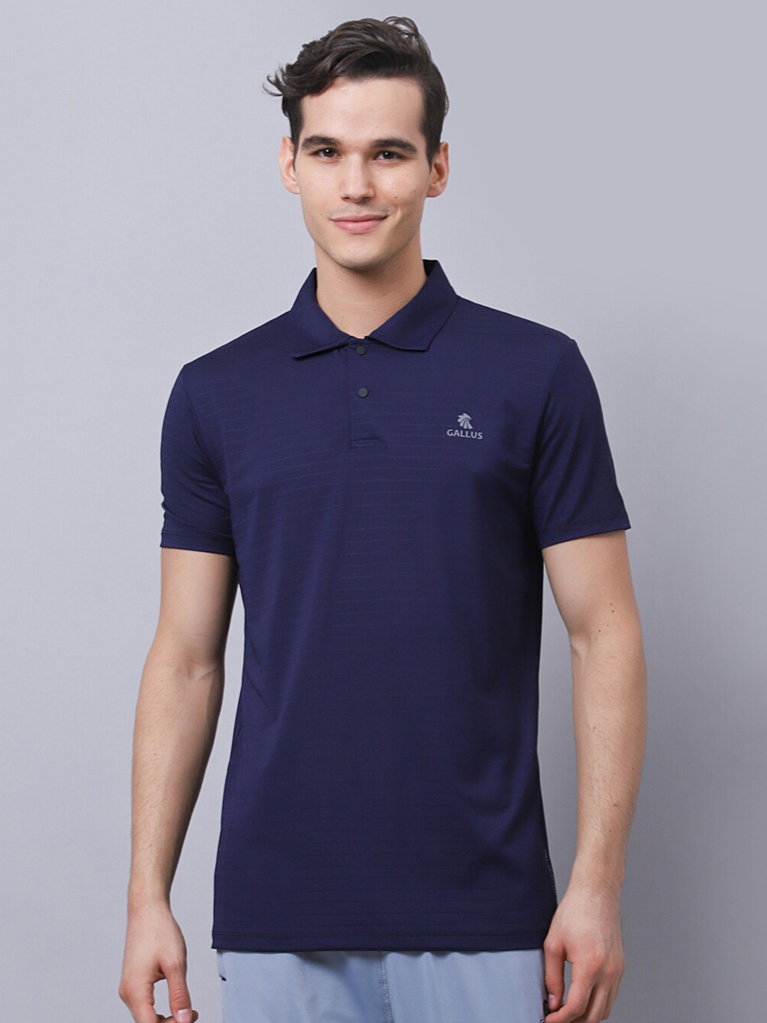 

Gallus Men Navy Blue Striped Polo Collar Dri-FIT Slim Fit T-shirt