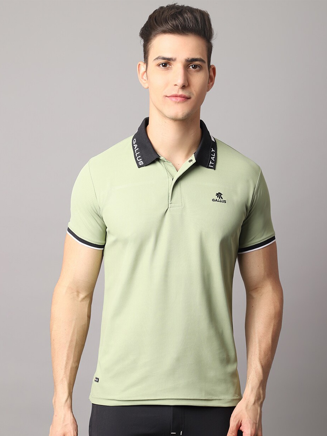 

Gallus Men Lime Green Polo Collar Dri-FIT Slim Fit T-shirt