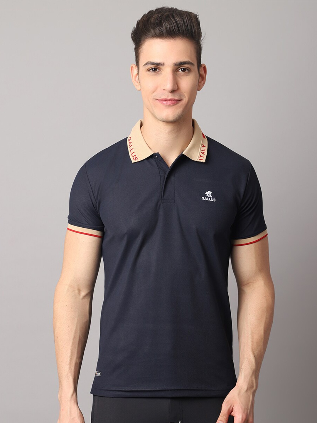 

Gallus Men Navy Blue & Beige Colourblocked Polo Collar Slim Fit T-shirt