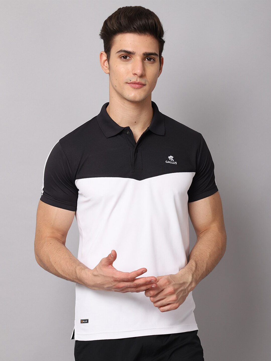 

Gallus Men White & Black Colourblocked Polo Collar Slim Fit T-shirt