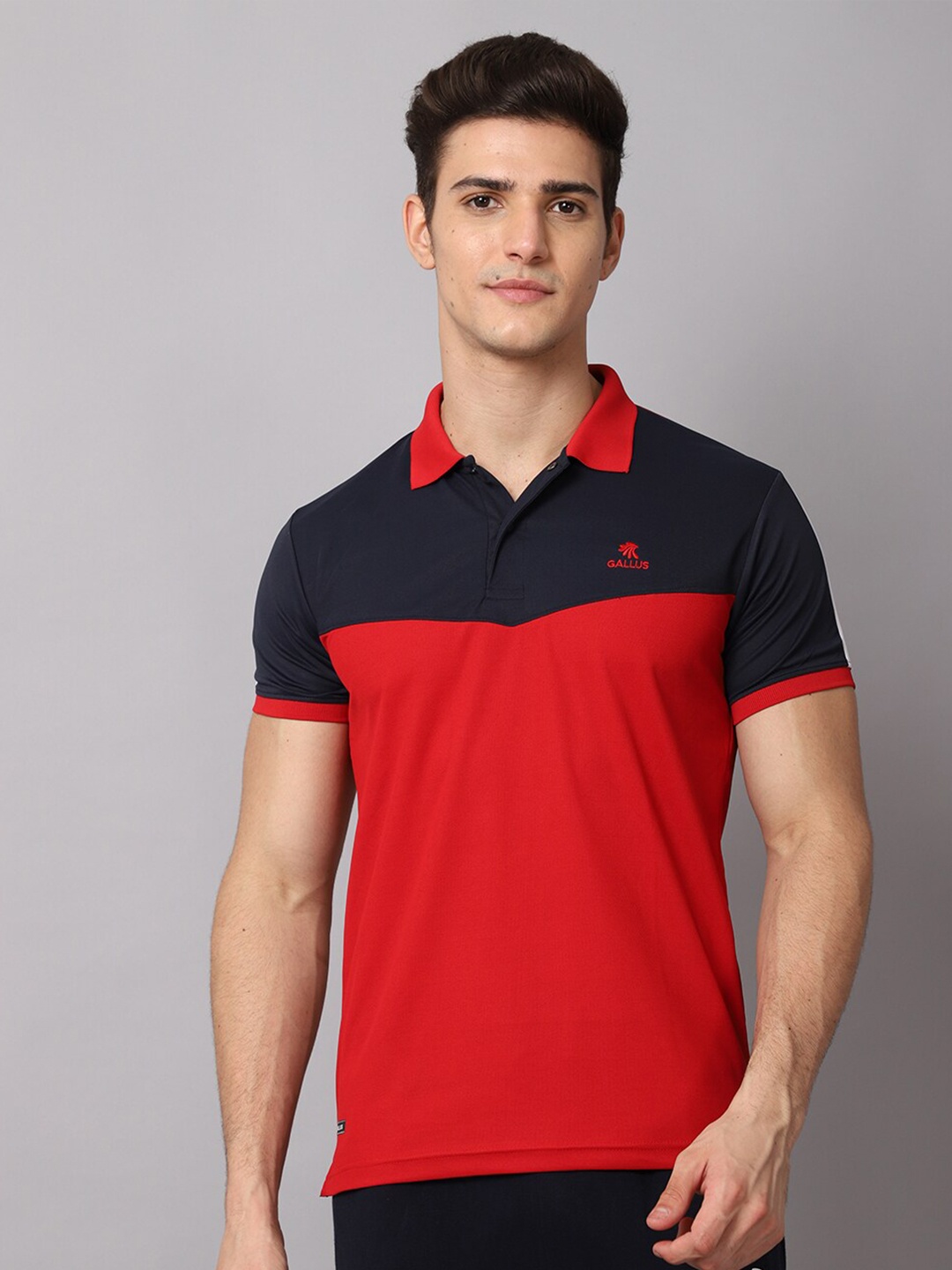 

Gallus Men Red & Black Colourblocked Polo Collar Dri-FIT Slim Fit T-shirt