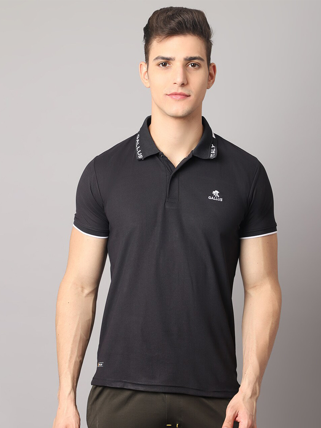 

Gallus Men Black & White Brand Logo Polo Collar Dri-FIT Slim Fit T-shirt