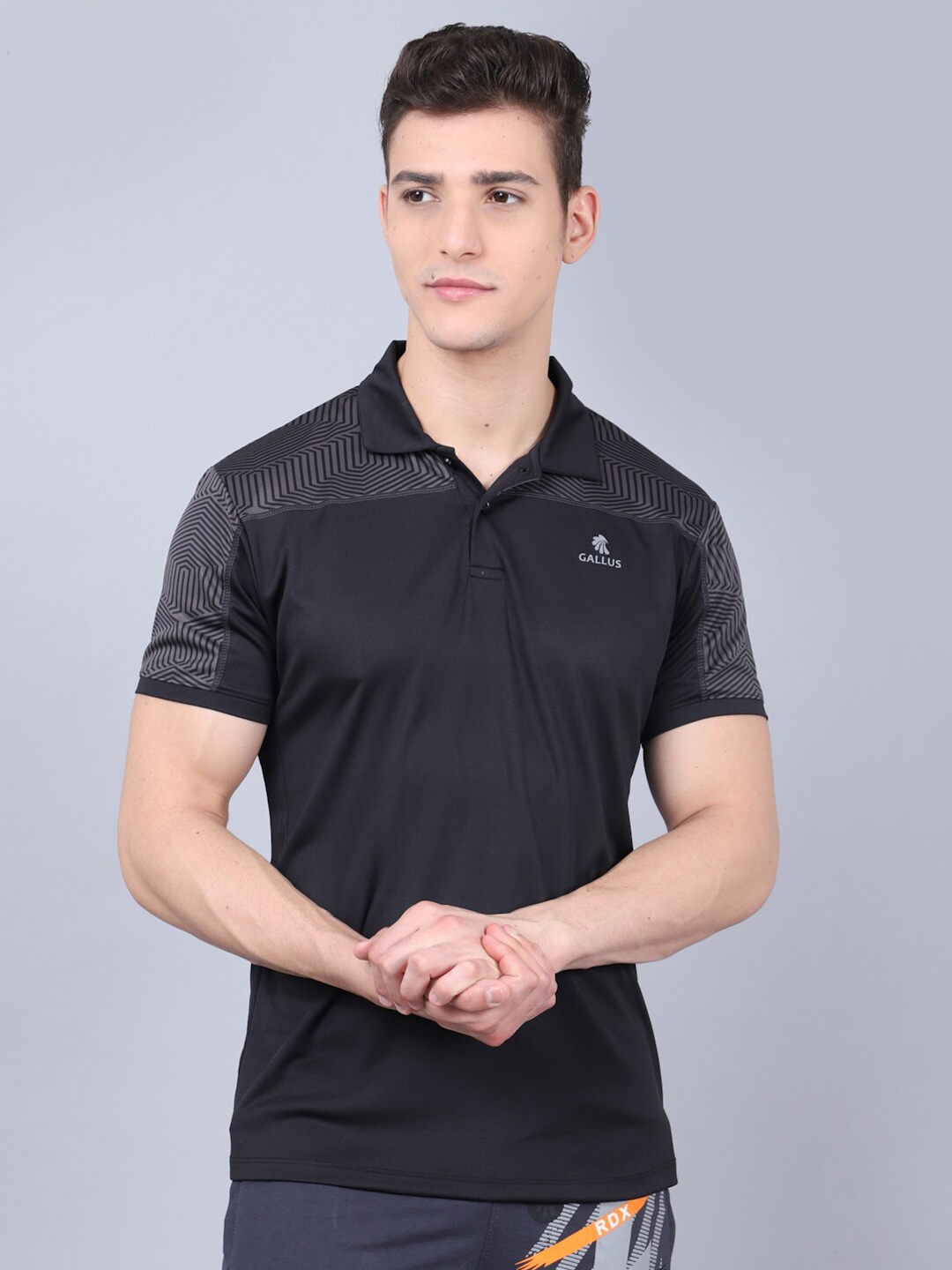 

Gallus Men Black & Grey Polo Collar Dri-FIT Slim Fit T-shirt