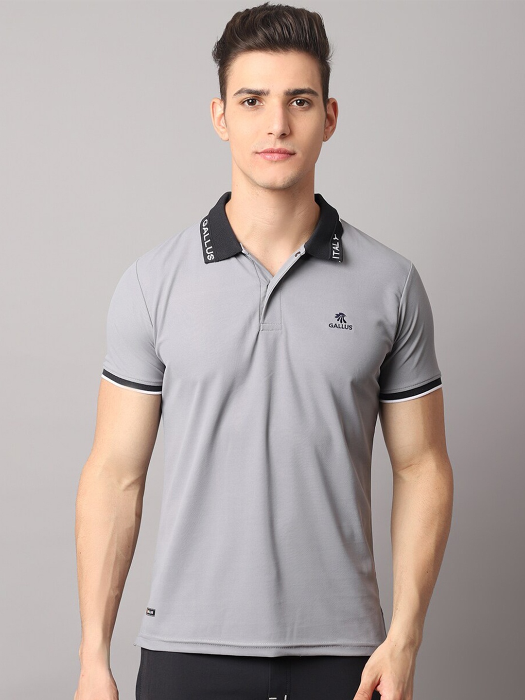 

Gallus Men Grey Polo Collar Dri-FIT Slim Fit T-shirt