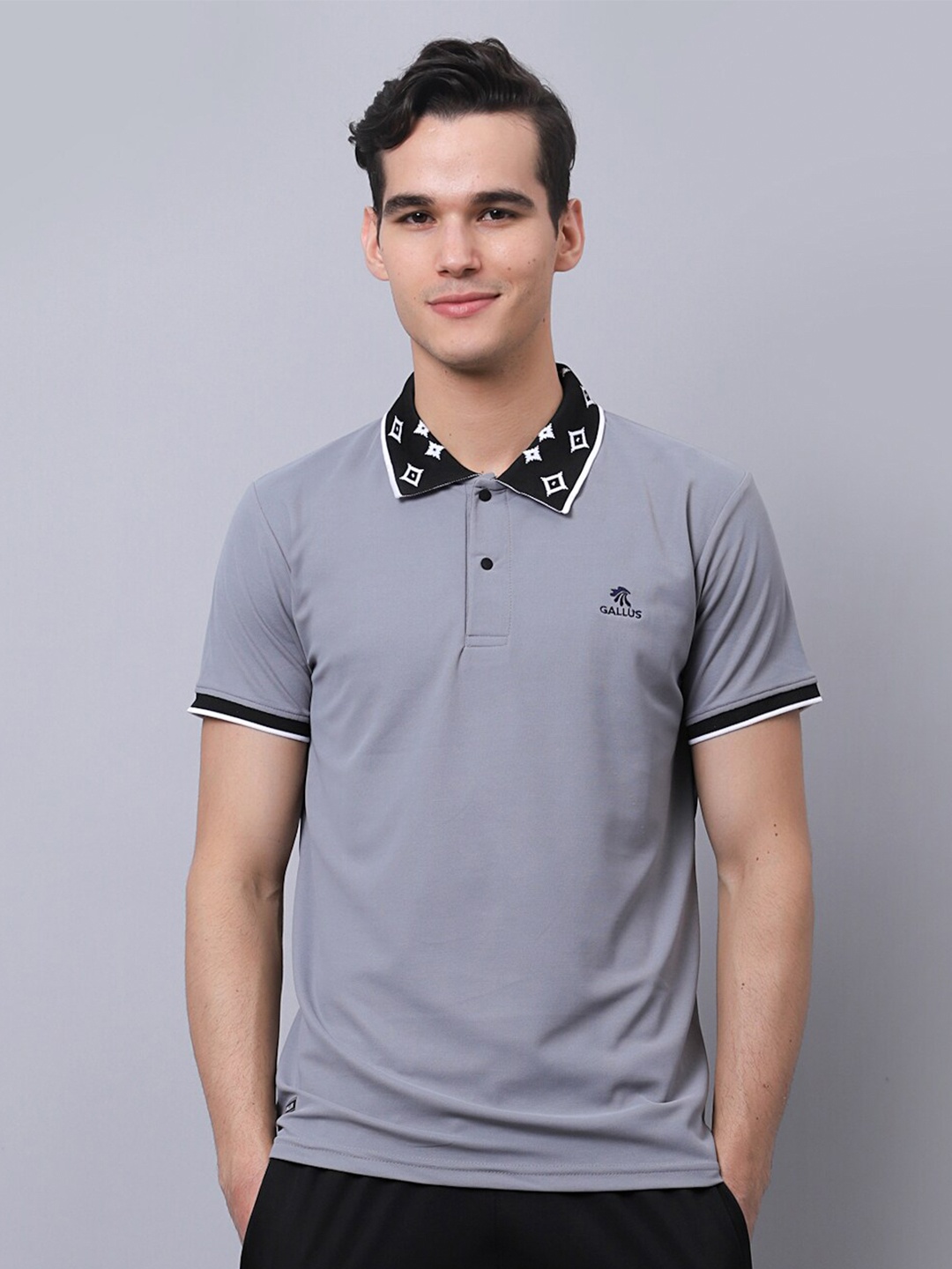 

Gallus Men Grey Polo Collar Dri-FIT Slim Fit T-shirt
