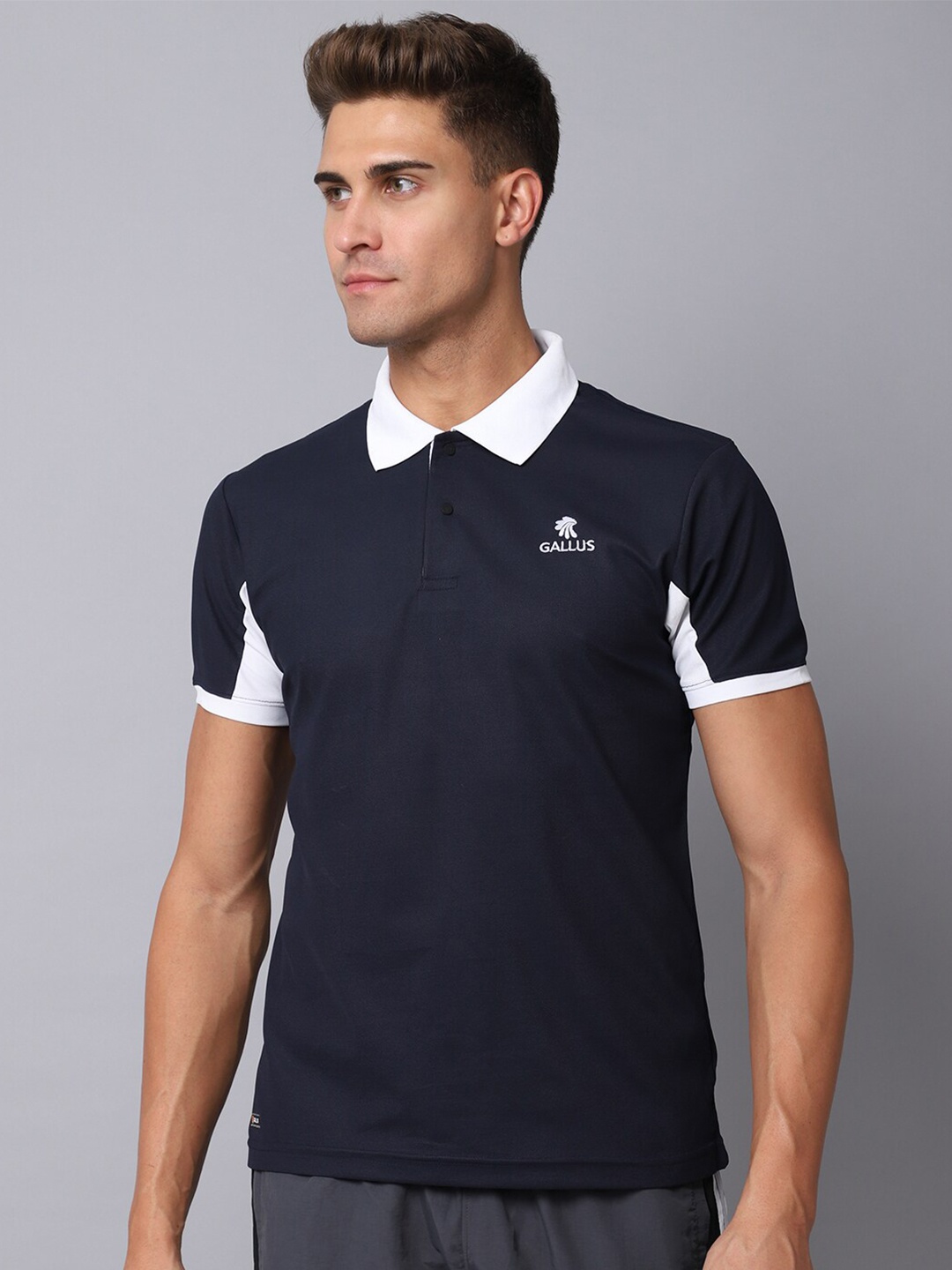 

Gallus Men Navy Blue Polo Collar Dri-FIT Slim Fit T-shirt