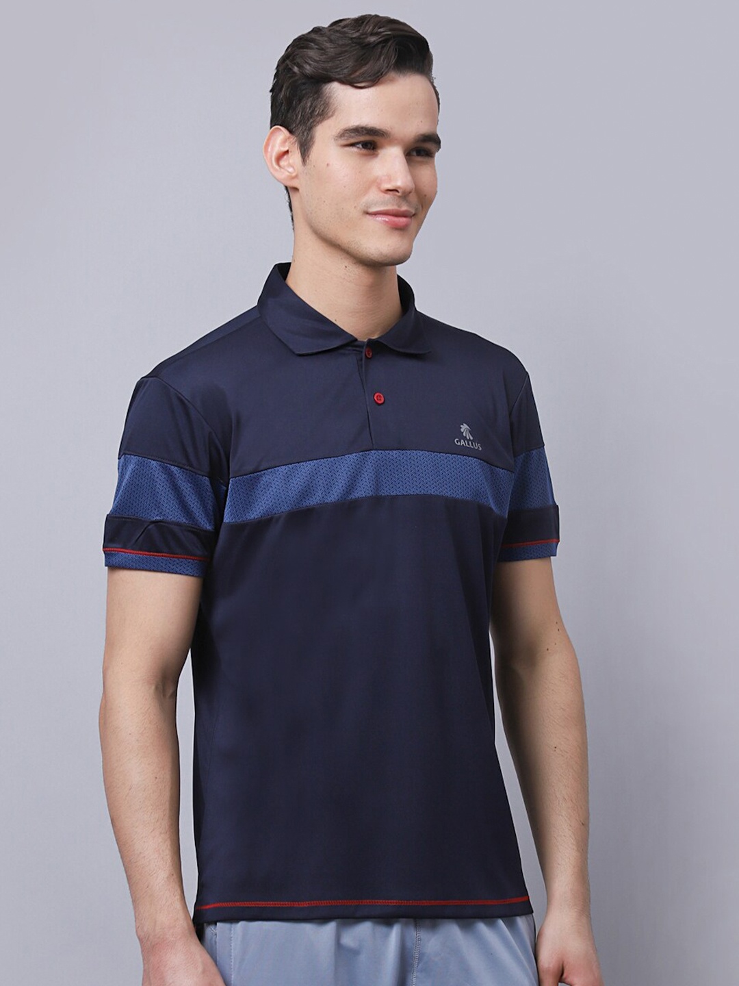 

Gallus Men Navy Blue Polo Collar Dri-FIT Slim Fit T-shirt
