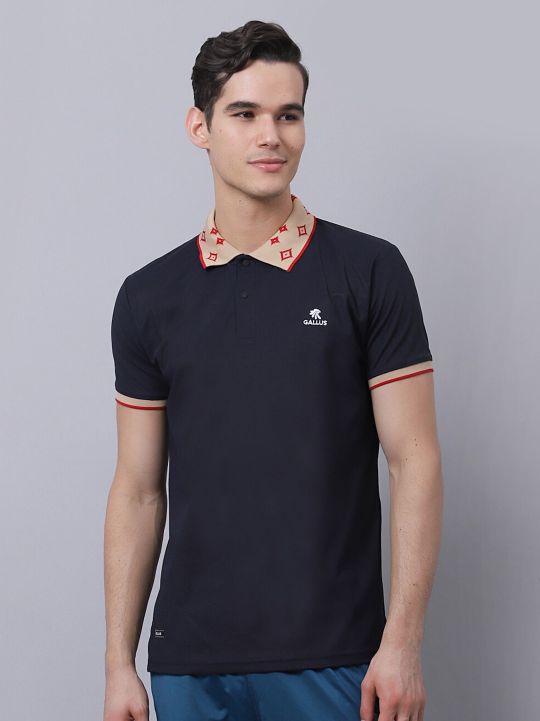 

Gallus Men Navy Blue Polo Collar Dri-FIT Slim Fit T-shirt