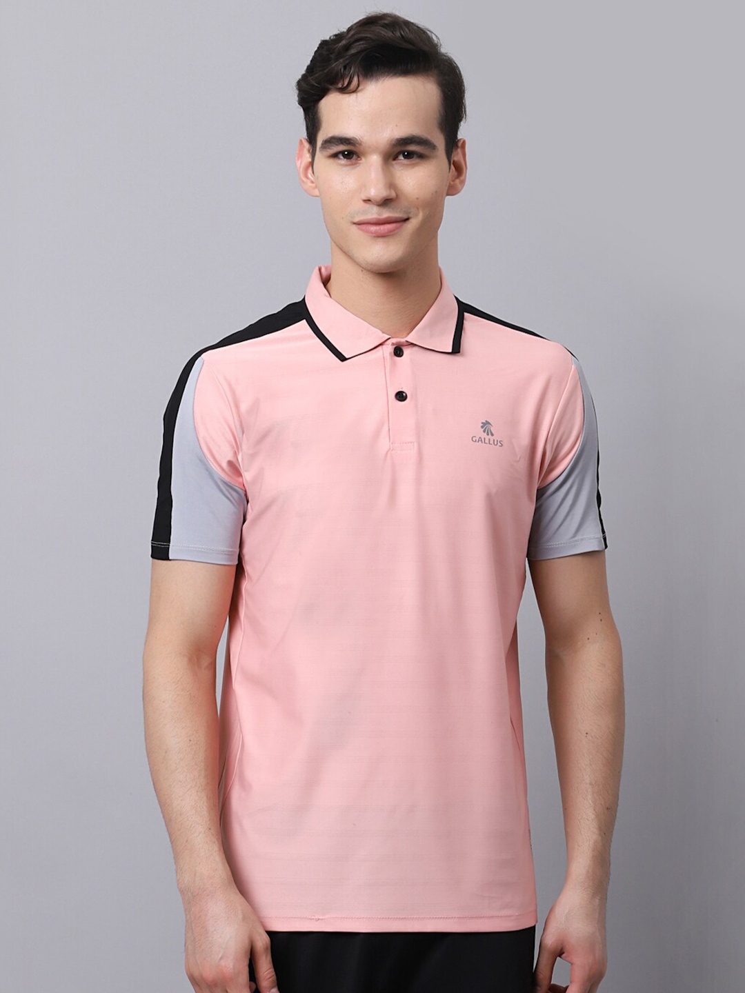 

Gallus Men Pink & Black Colourblocked Polo Collar Dri-FIT Slim Fit T-shirt