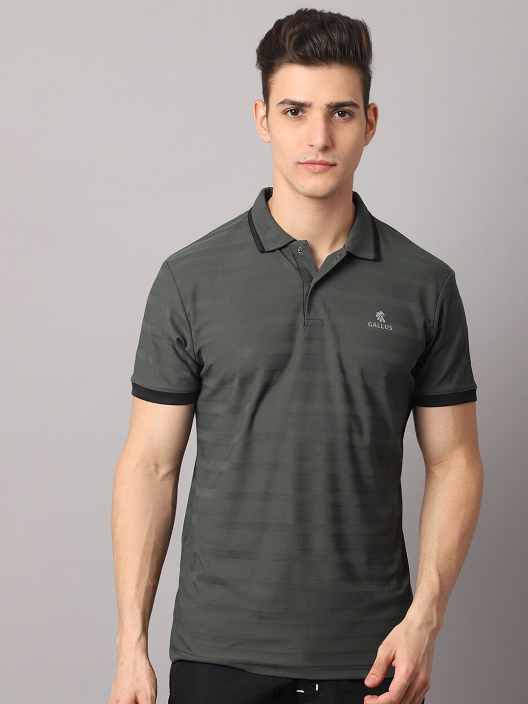 

Gallus Men Olive Green Polo Collar Dri-FIT Slim Fit T-shirt