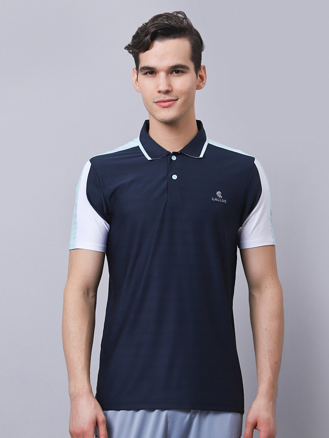 

Gallus Men Navy Blue & White Polo Collar Monochrome Dri-FIT Slim Fit T-shirt