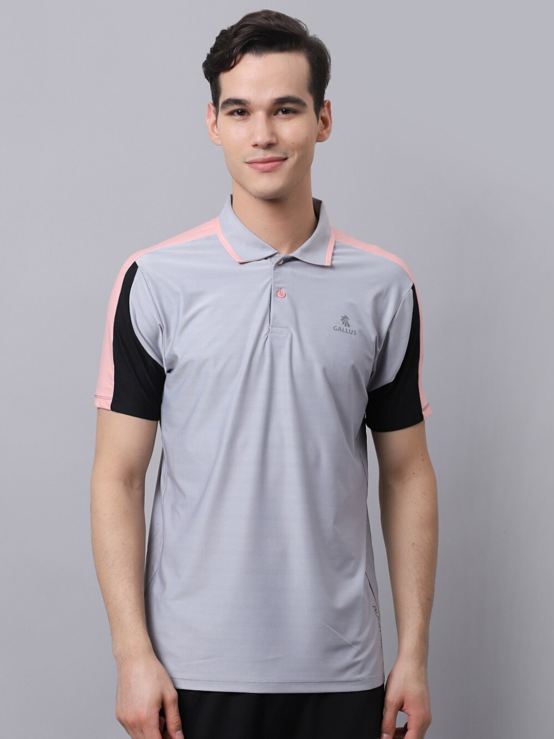 

Gallus Men Grey & Black Polo Collar Dri-FIT Slim Fit T-shirt