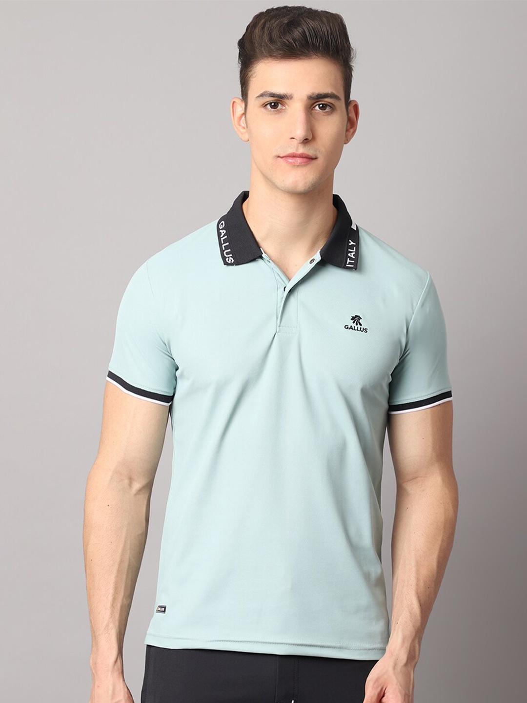 

Gallus Men Turquoise Blue & Black Typography Printed Polo Collar Slim Fit T-shirt
