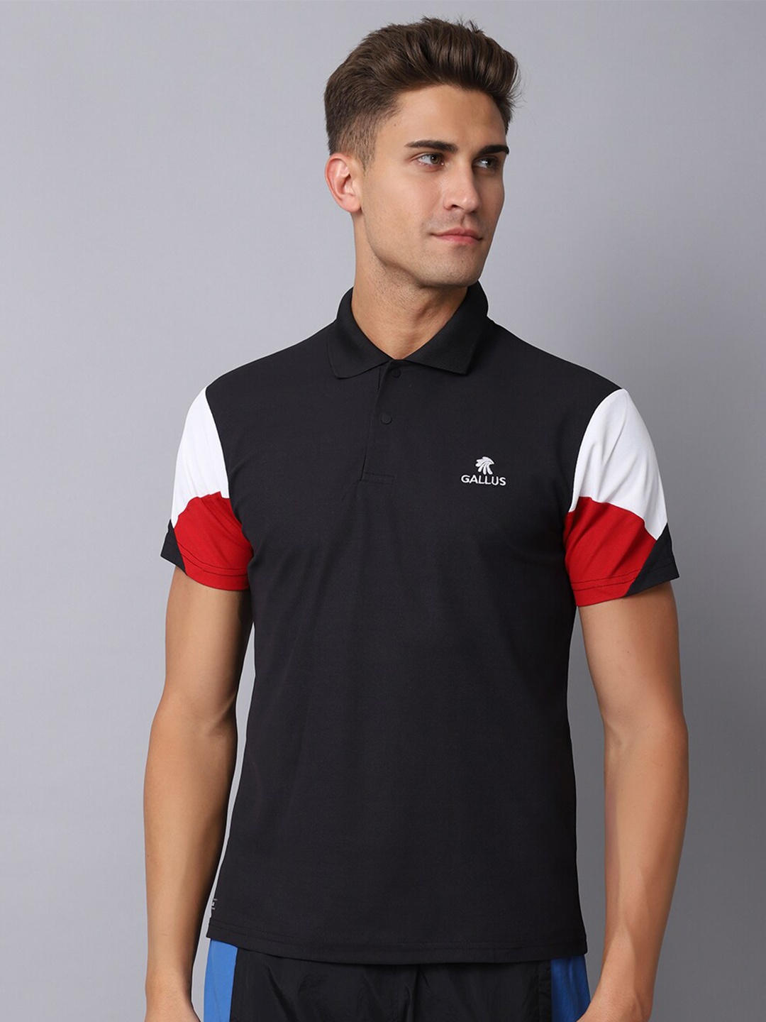 

Gallus Men Black & Red Colourblocked Polo Collar Dri-FIT Slim Fit T-shirt