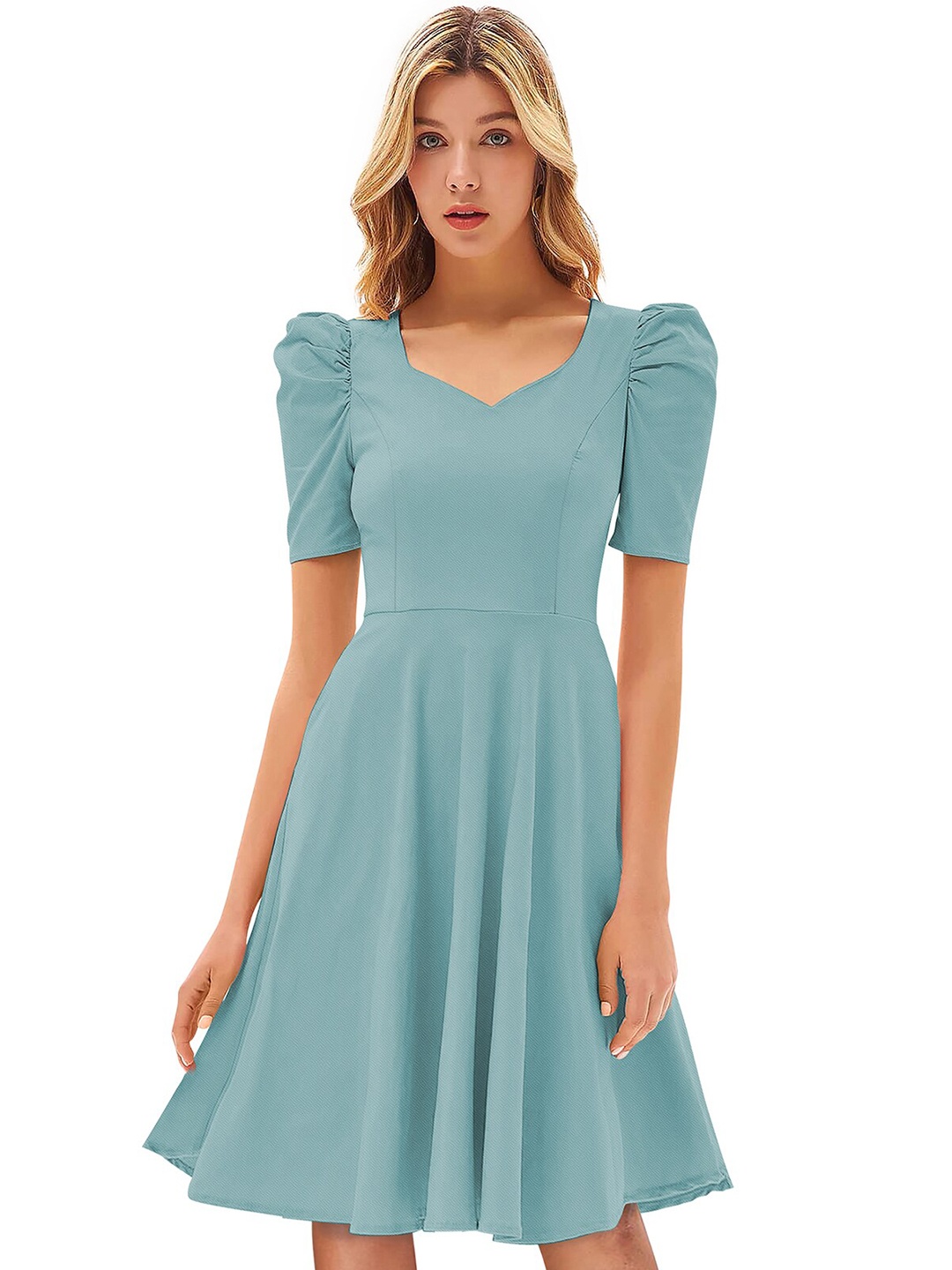

FAVRIZ Women Turquoise Blue Fit & Flare Dress