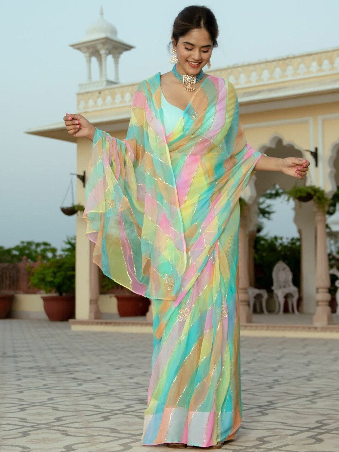 

Lavanya The Label Green & Pink Leheriya Saree