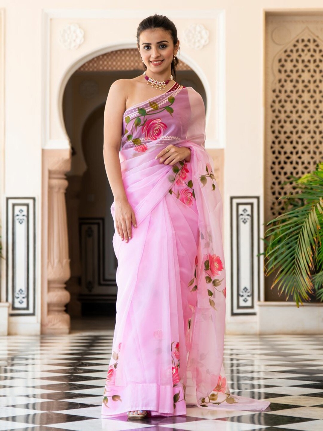 

Lavanya The Label Women Pink Floral Organza Saree