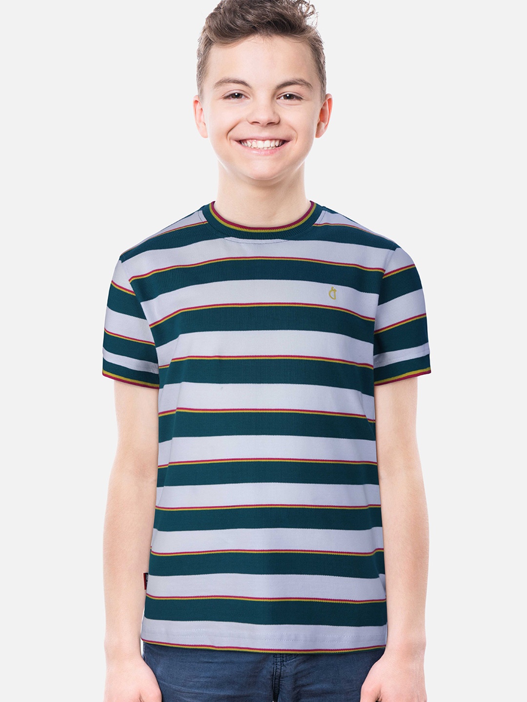 

Gini and Jony Boys White & Green Striped Polo Collar T-shirt
