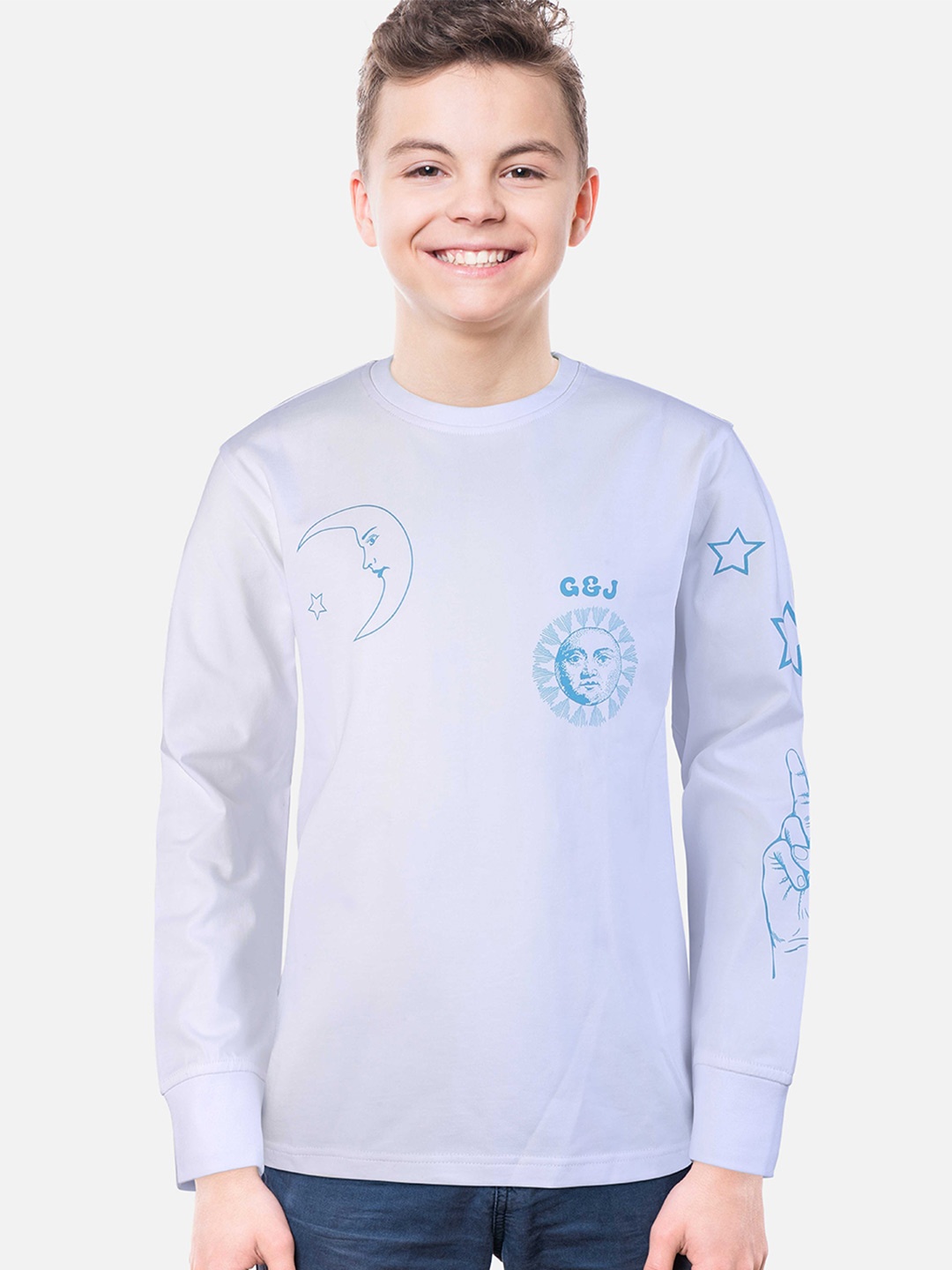 

Gini and Jony Boys White & Blue Printed T-shirt
