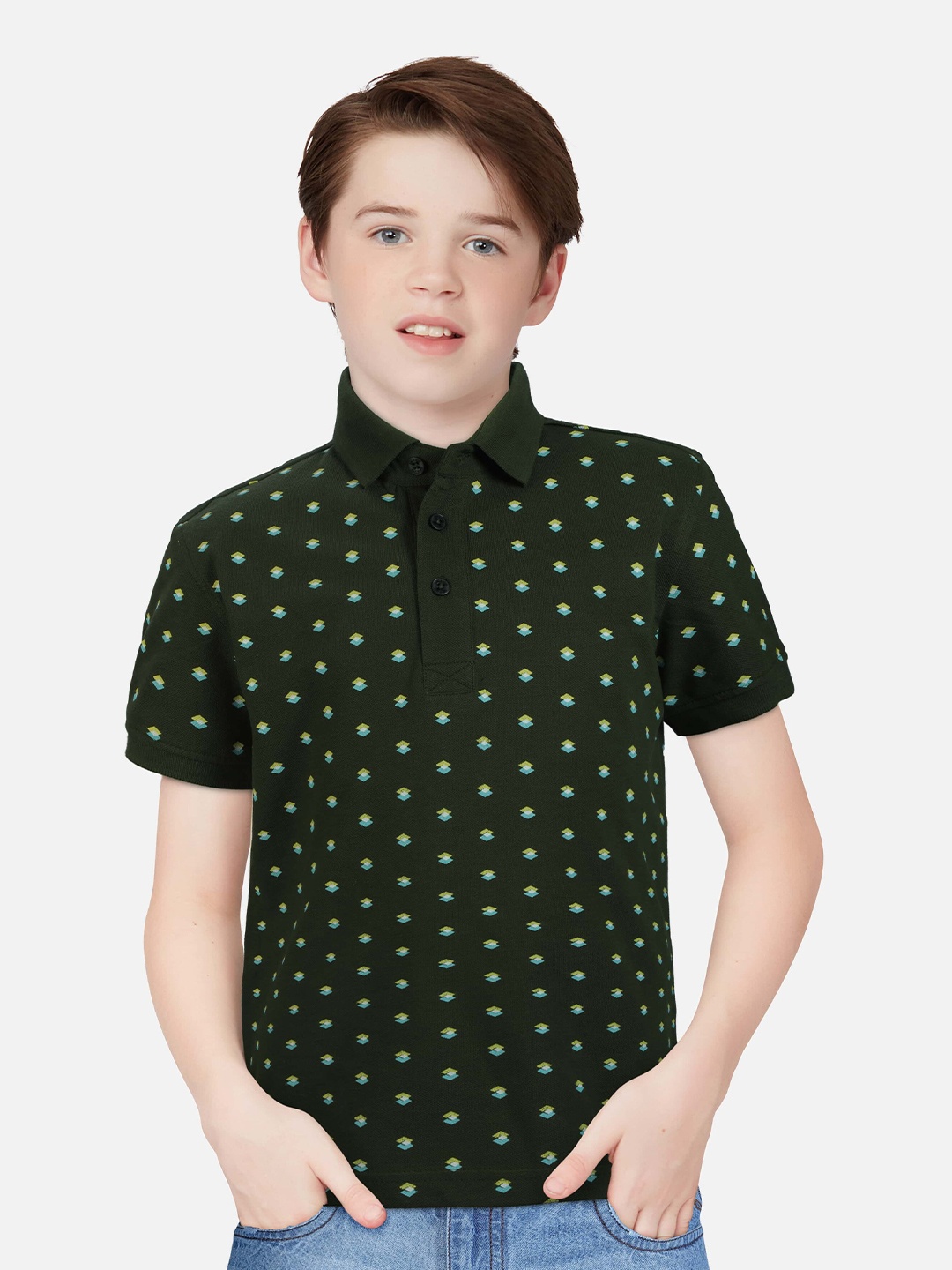 

Gini and Jony Boys Olive Green Geometric Printed Polo Collar T-shirt