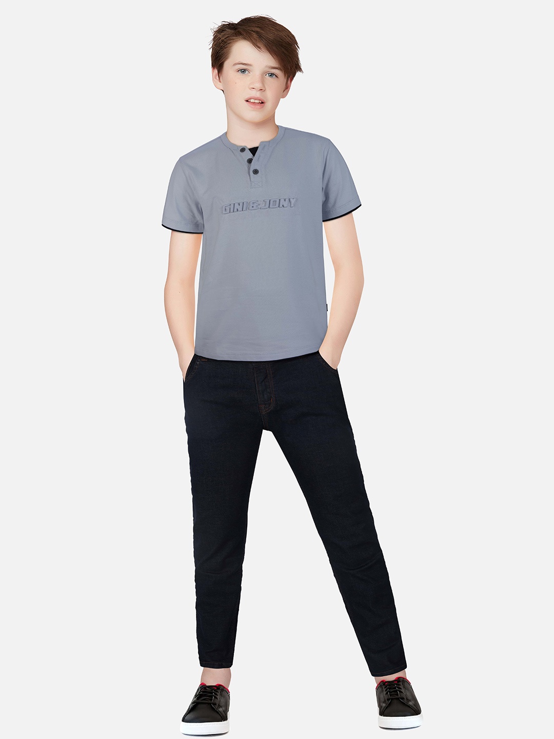 

Gini and Jony Boys Grey Typography Henley Neck T-shirt