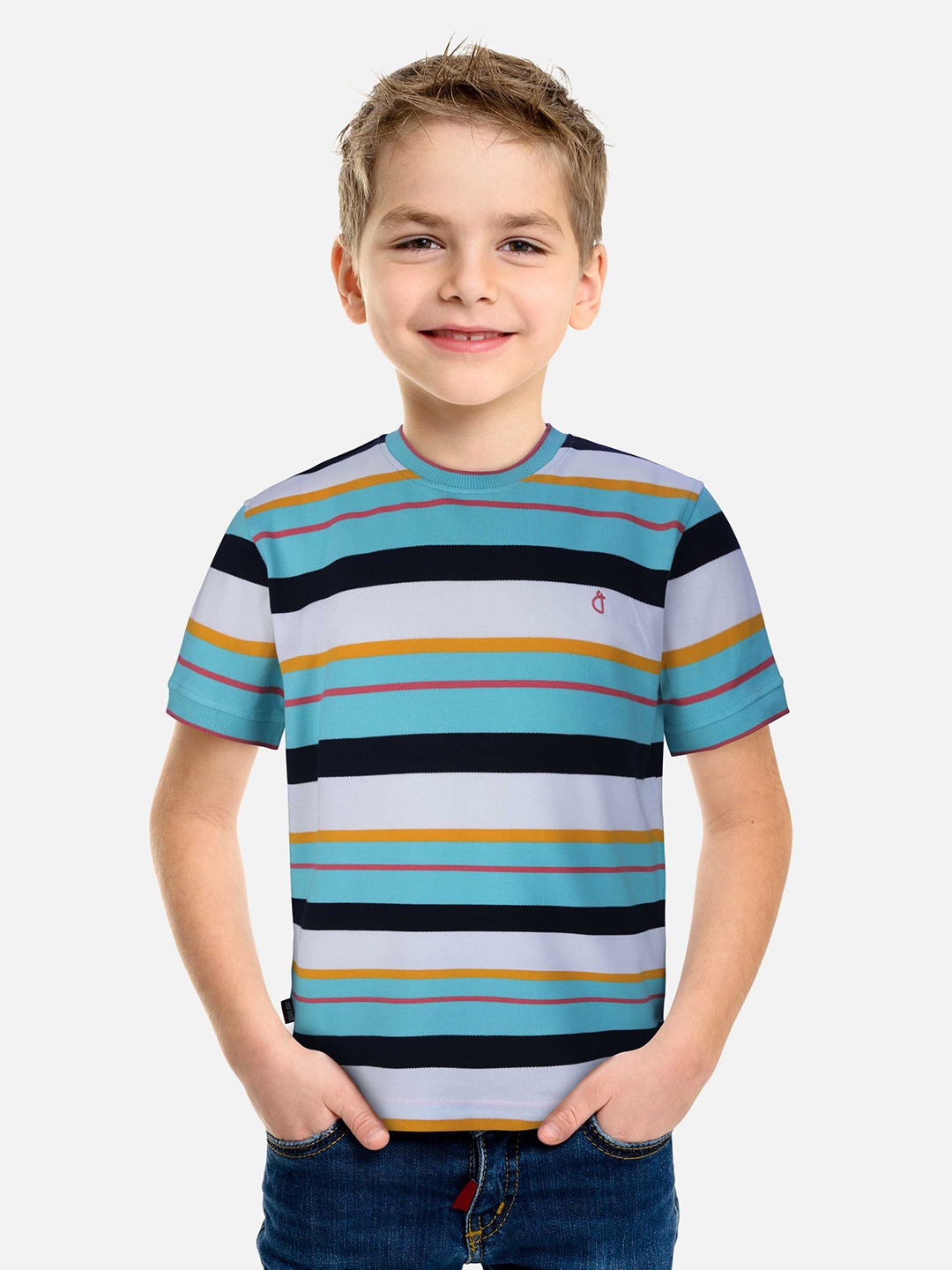 

Gini and Jony Boys White & Blue Striped Regular Fit T-shirt