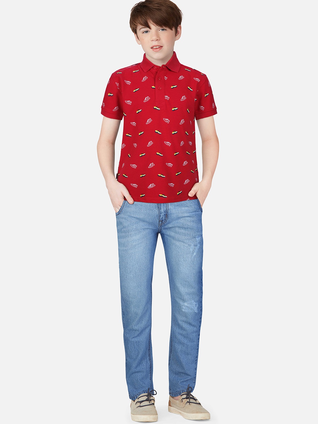 

Gini and Jony Boys Red Printed Polo Collar T-shirt