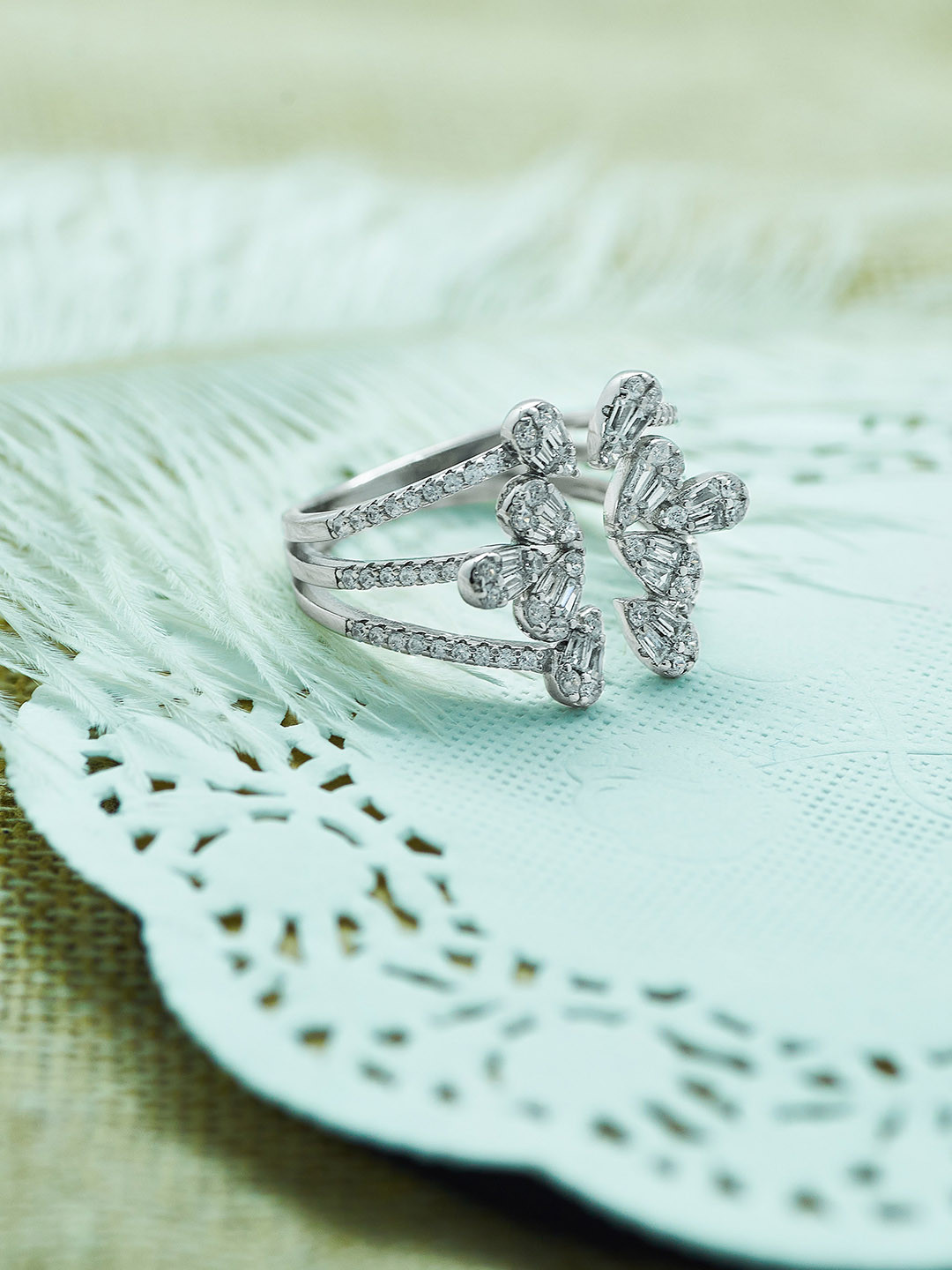 

SILBERRY 925 Sterling Silver & Rhodium-Plated CZ Studded Adjustable Finger Ring