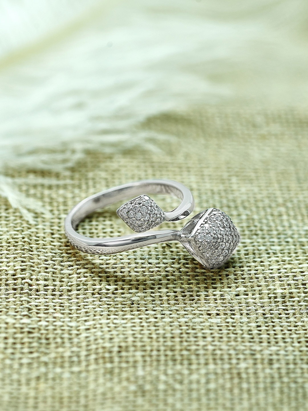 

SILBERRY Rhodium-Plated 925 Sterling Silver CZ Studded Adjustable Finger Ring