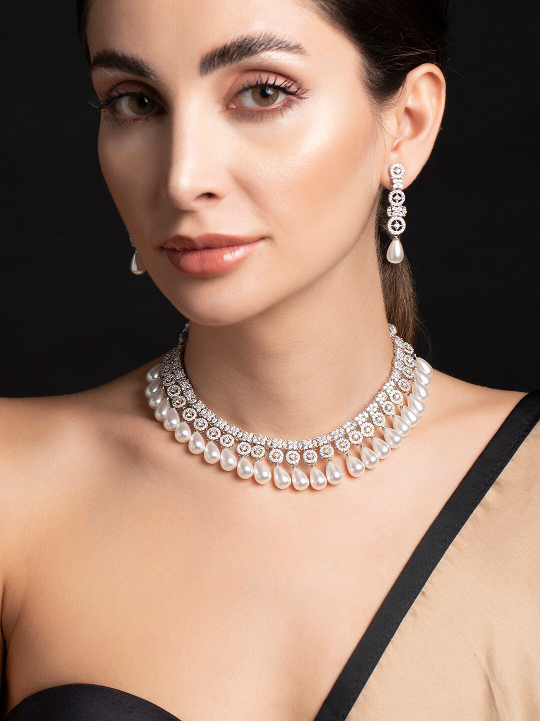 

Rubans Silver-Plated White AD Stone-Studded & Pearl-Beaded Jewellery Set