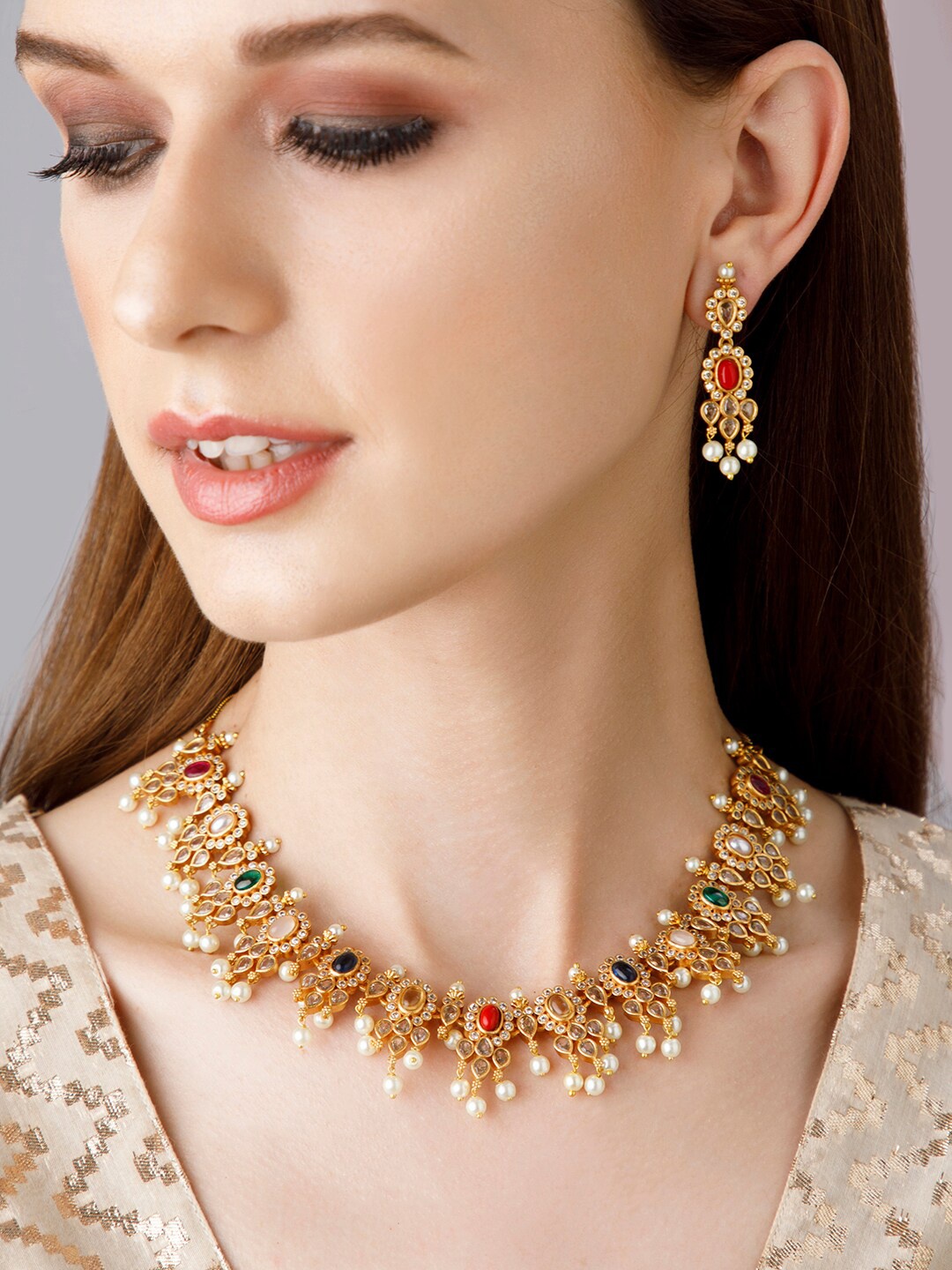 

Rubans Gold-Plated Red & White Stone-Studded & Pearl Beaded Jewellery Set