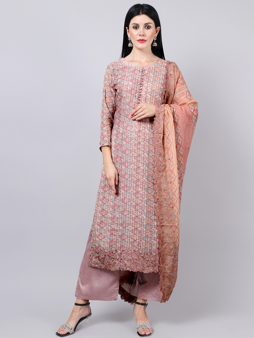 

Stylee LIFESTYLE Grey & Purple Pure Silk Unstitched Dress Material
