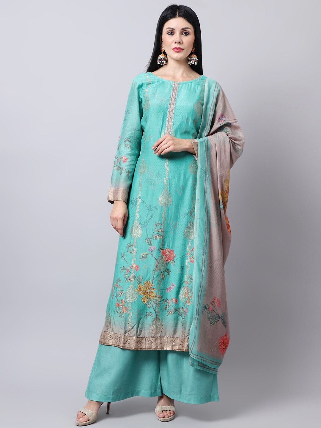 

Stylee LIFESTYLE Green & Orange Printed Pure Silk Unstitched Dress Material