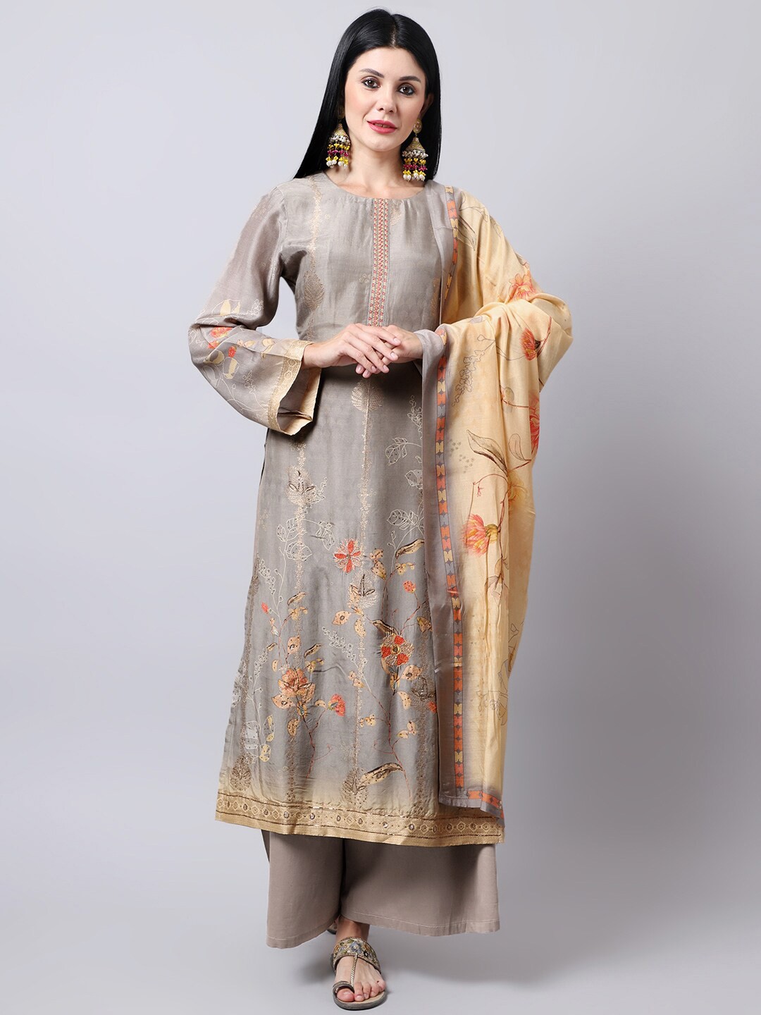

Stylee LIFESTYLE Grey & Beige Printed Pure Silk Unstitched Dress Material