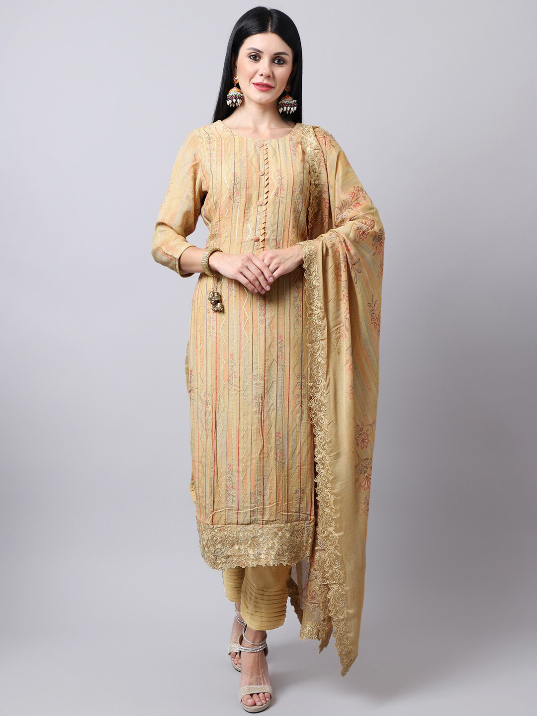 

Stylee LIFESTYLE Womens Beige Embroidered Pure Silk Unstitched Dress Material