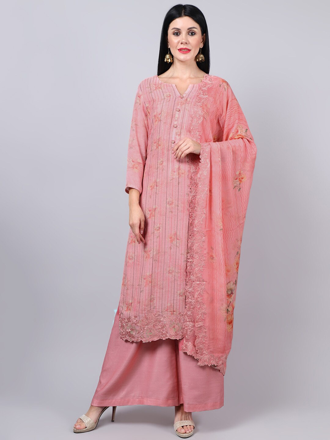 

Stylee LIFESTYLE Pink Printed Pure Silk Unstitched Dress Material