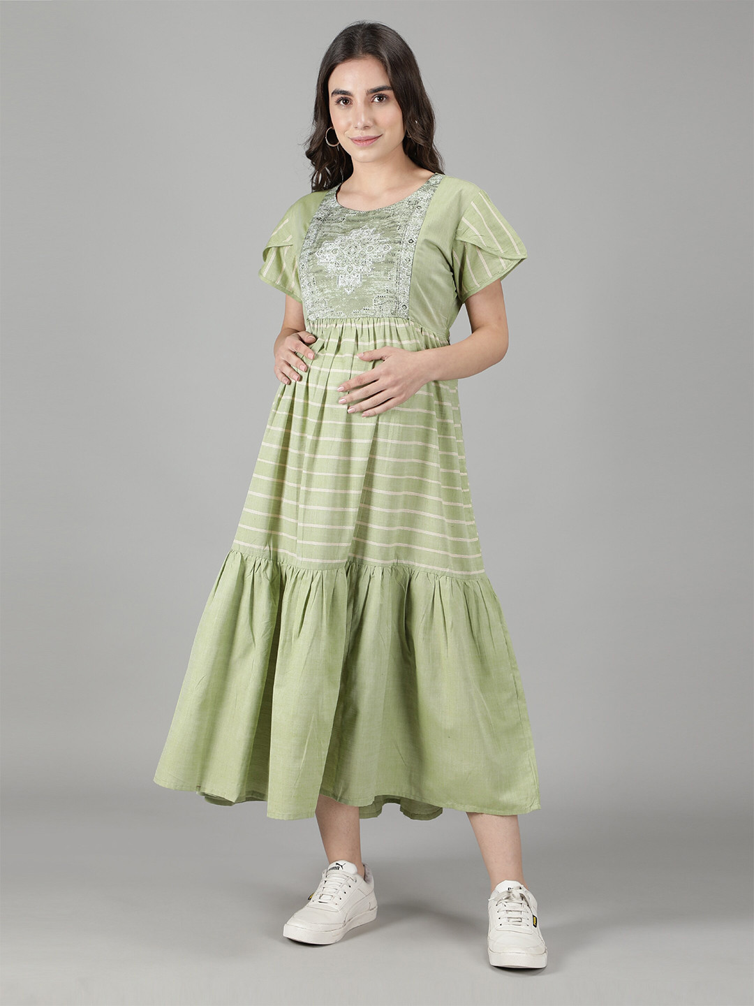 

NIGHTSPREE Green Striped Maternity And Feeding Maxi Dress